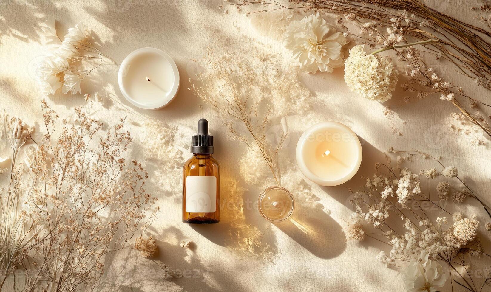 A bottle of perfume is on a table next to a candle photo