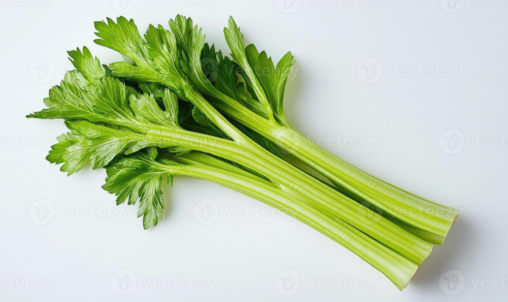 A bunch of celery stalks are on a white table. photo