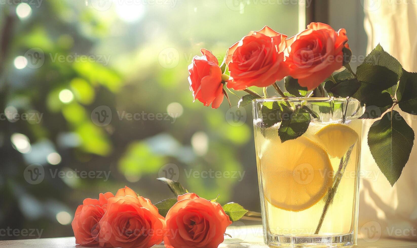 A glass of lemonade with a few roses in it photo