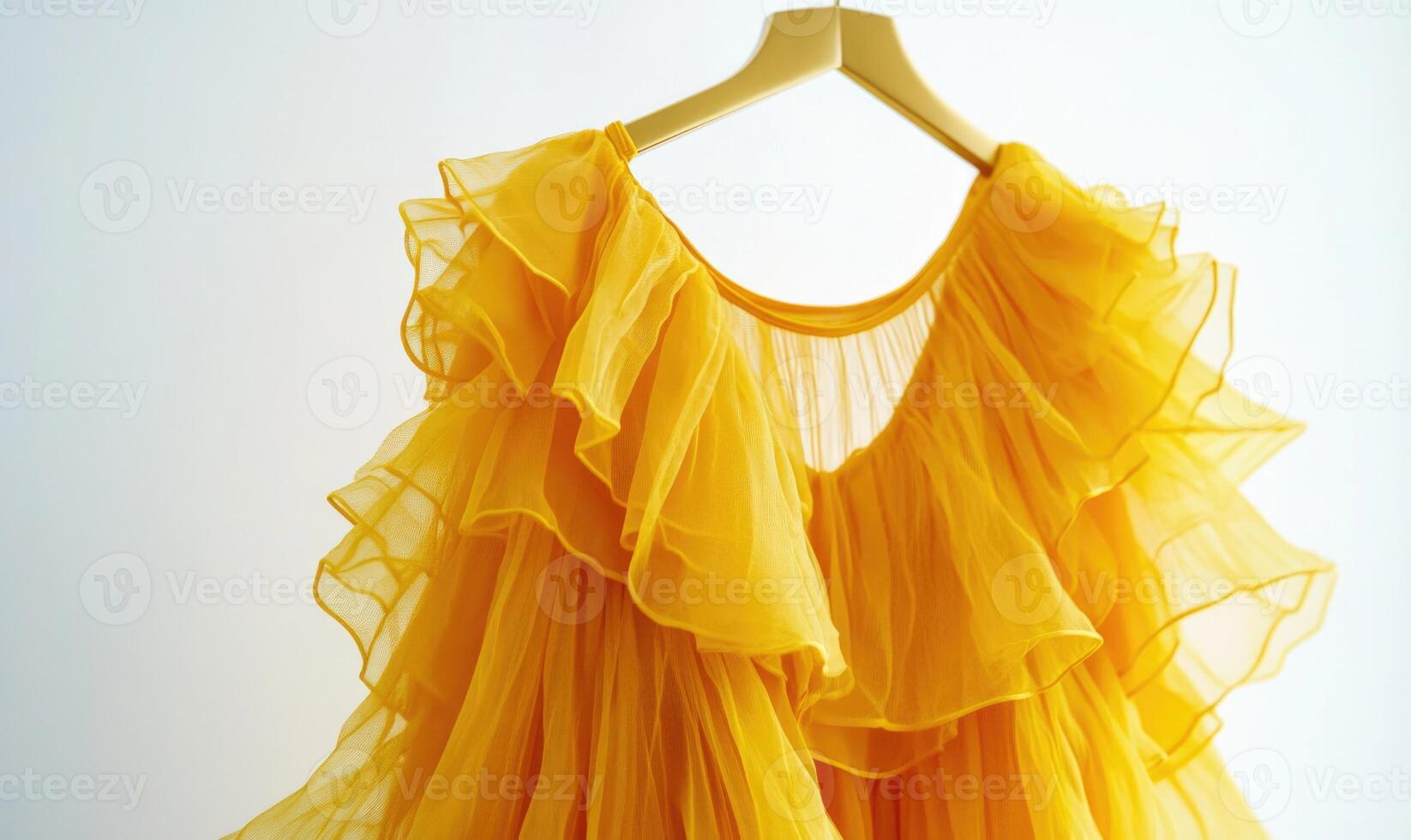 A yellow dress with ruffles hanging on a hanger photo