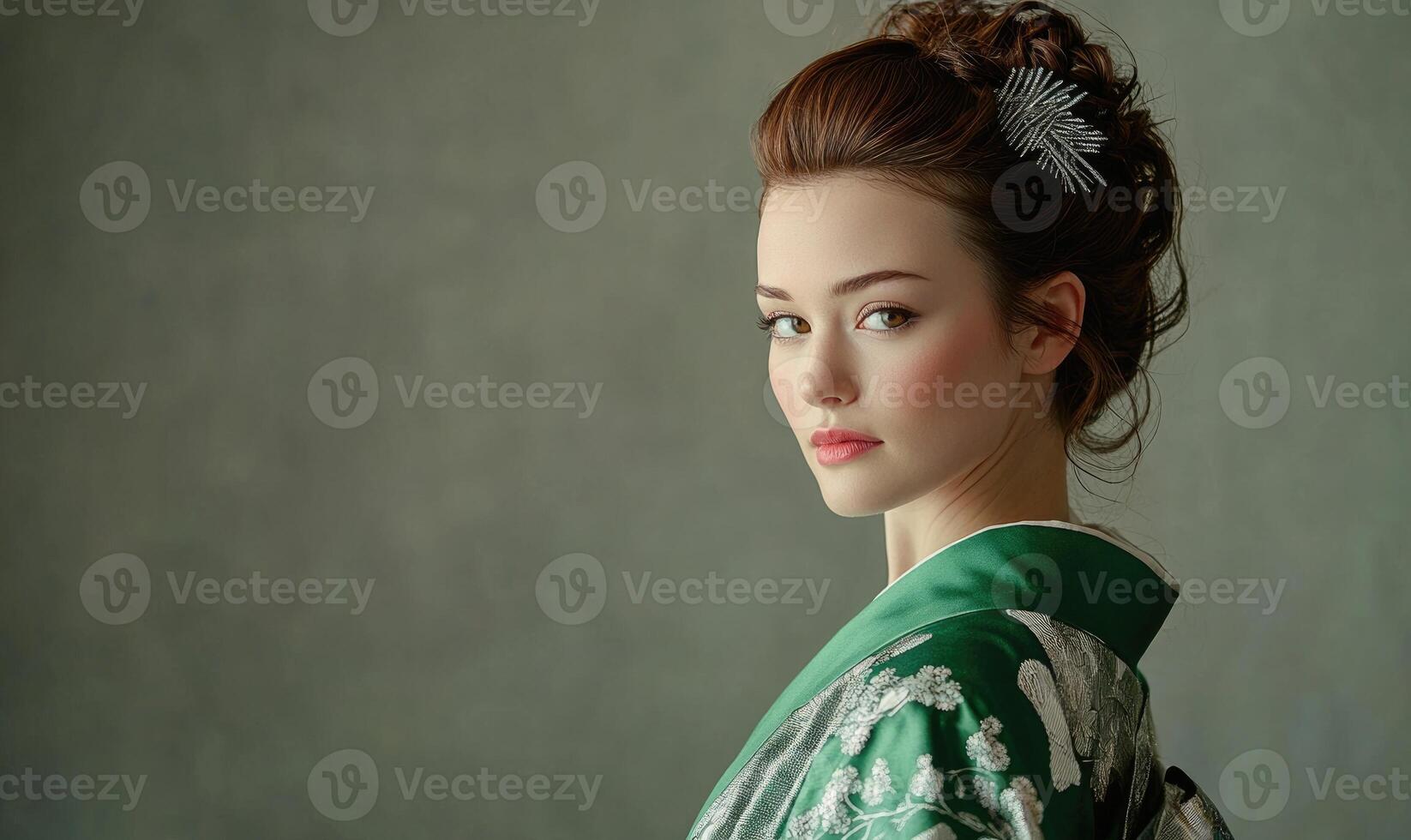 a beautiful woman in a green kimono photo