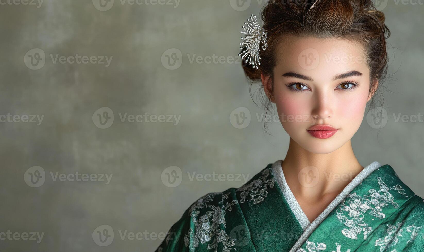 A woman wearing a green kimono photo