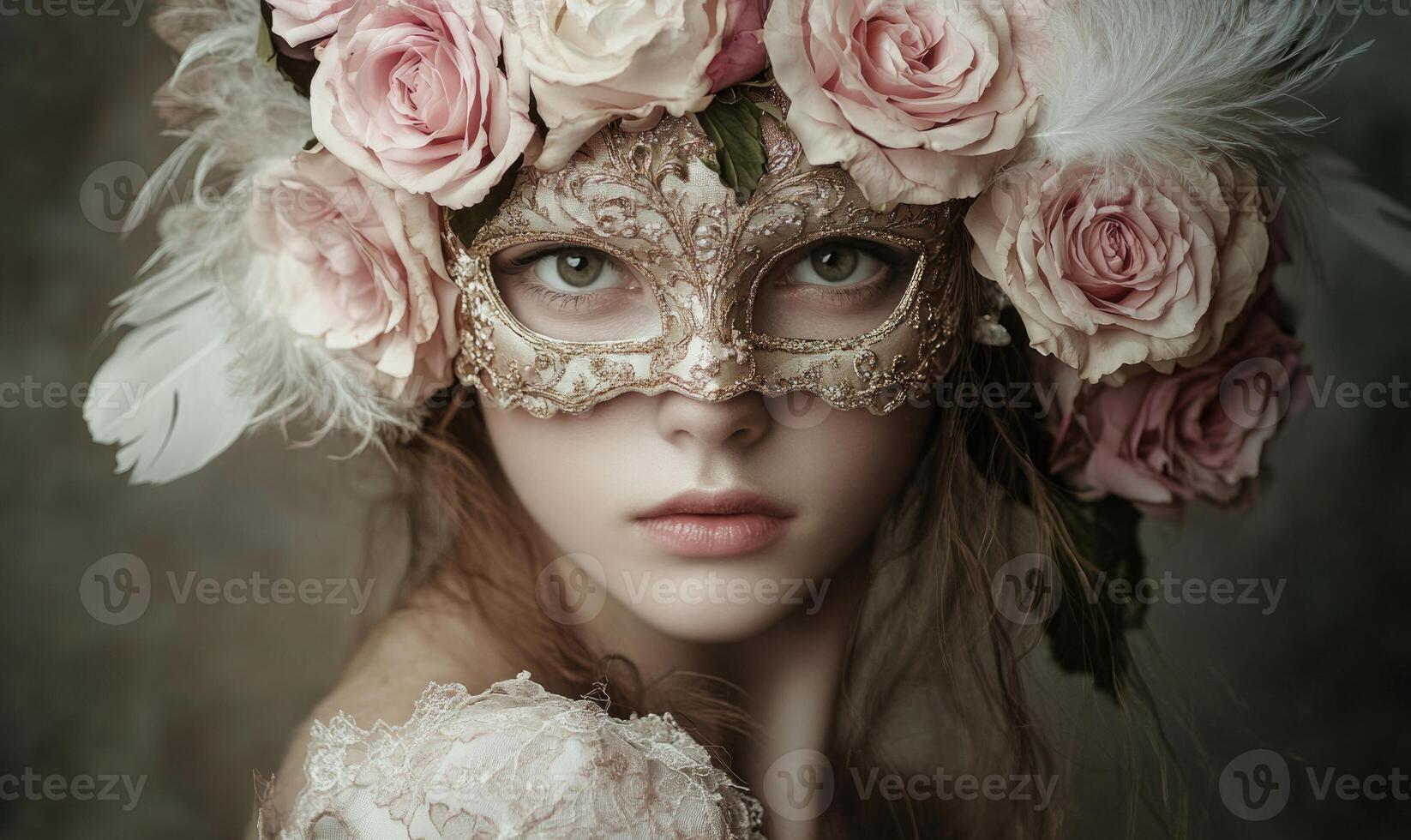 a woman with a mask and roses on her head photo