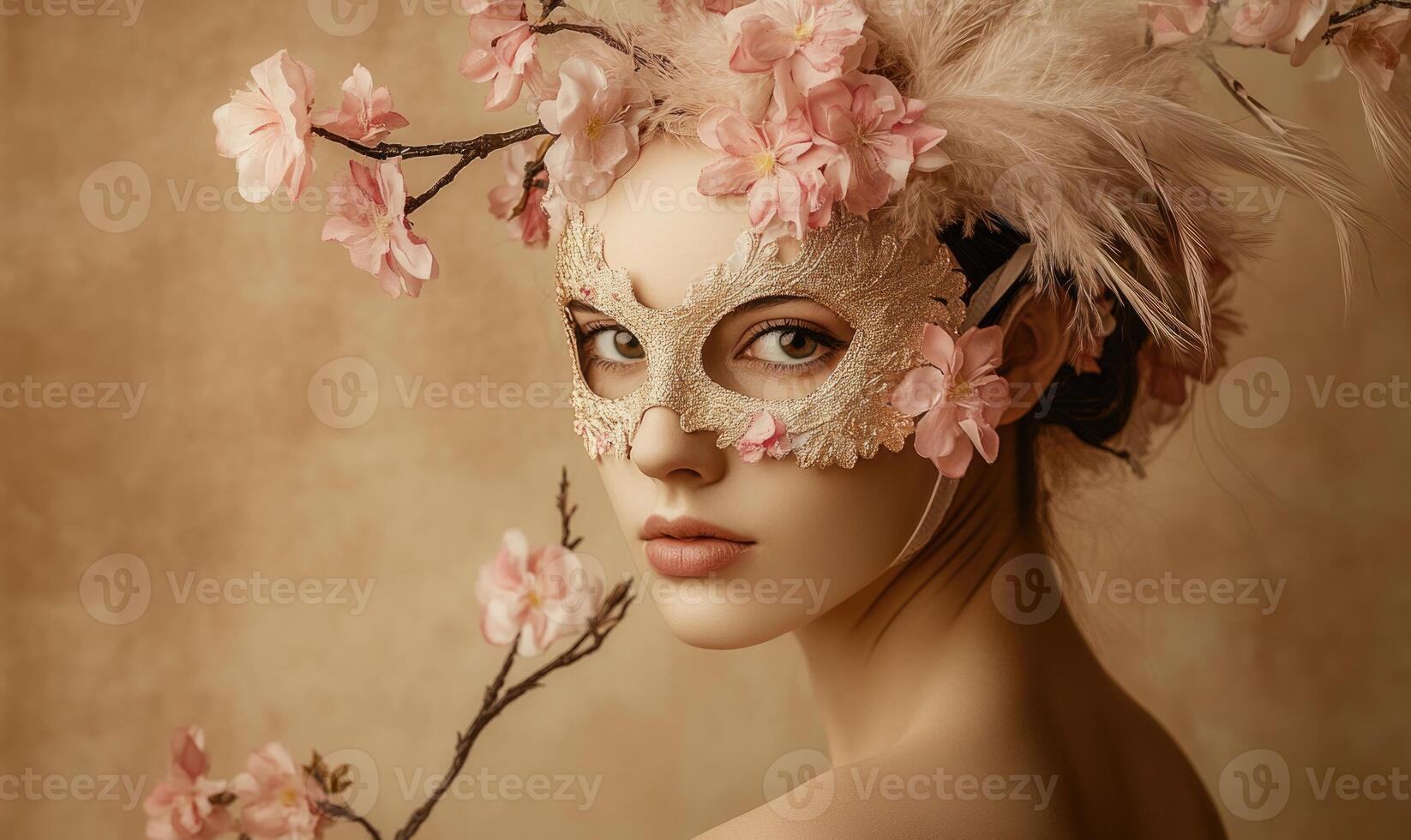 beautiful woman with mask and flowers on her head photo