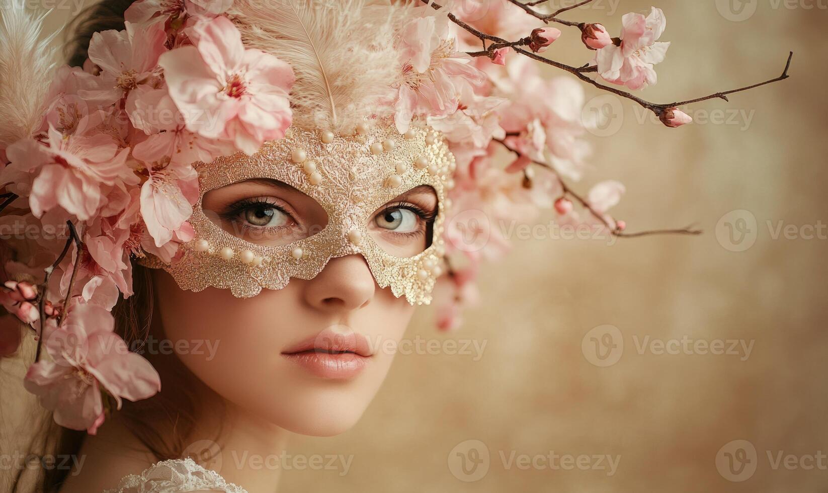 A woman wearing a mask with pink flowers on it photo
