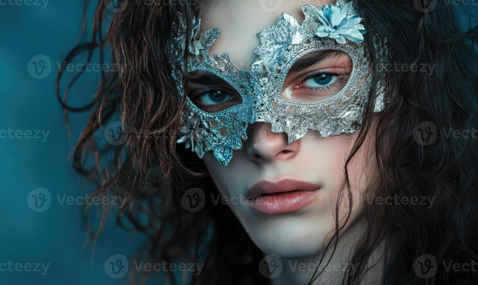 a woman with a silver mask on her face, dark blue background photo