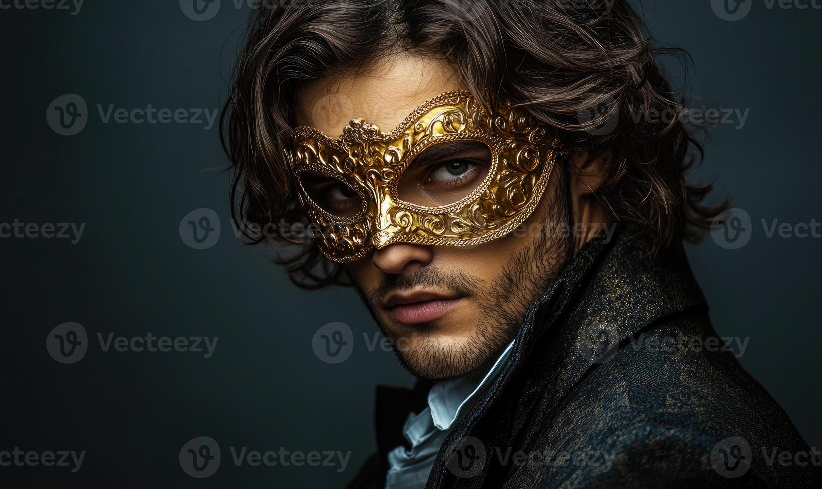 a man in a gold mask with long hair photo