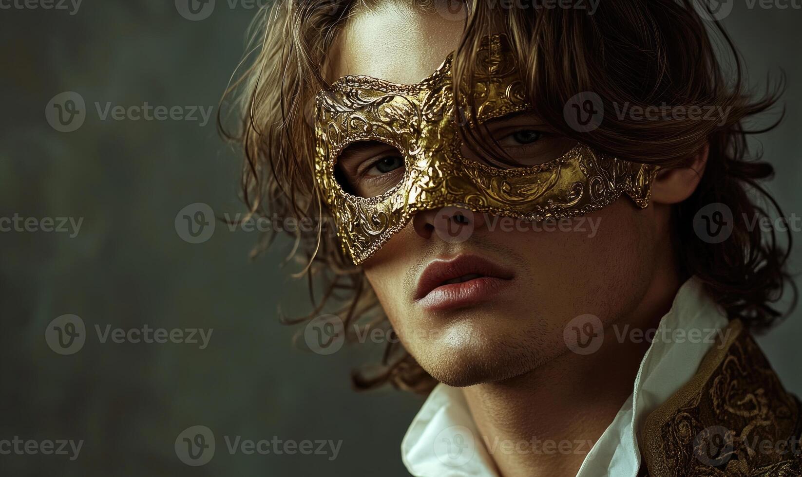closeup portrait of a man with a gold mask on his face photo