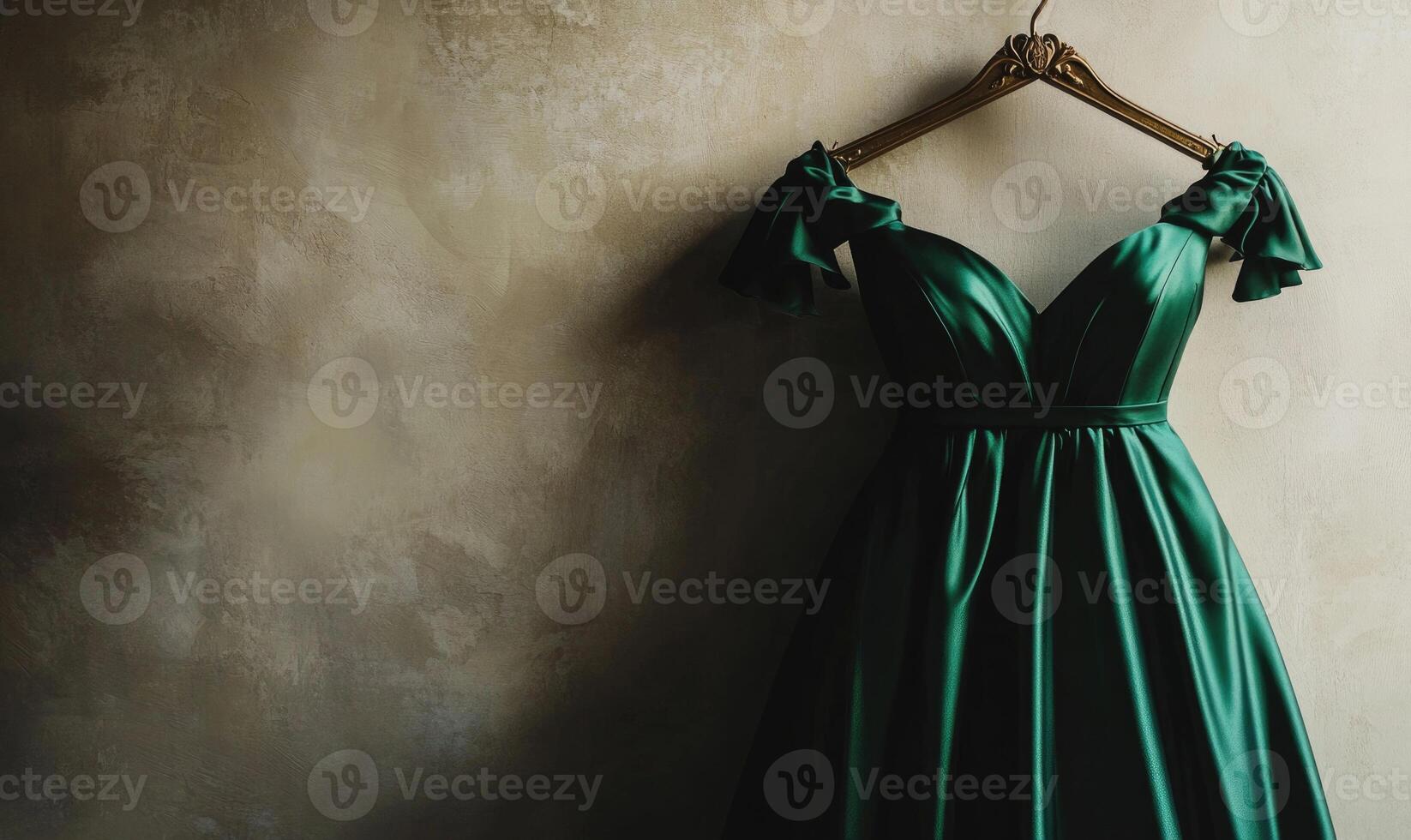 a green dress hangs on a hanger photo