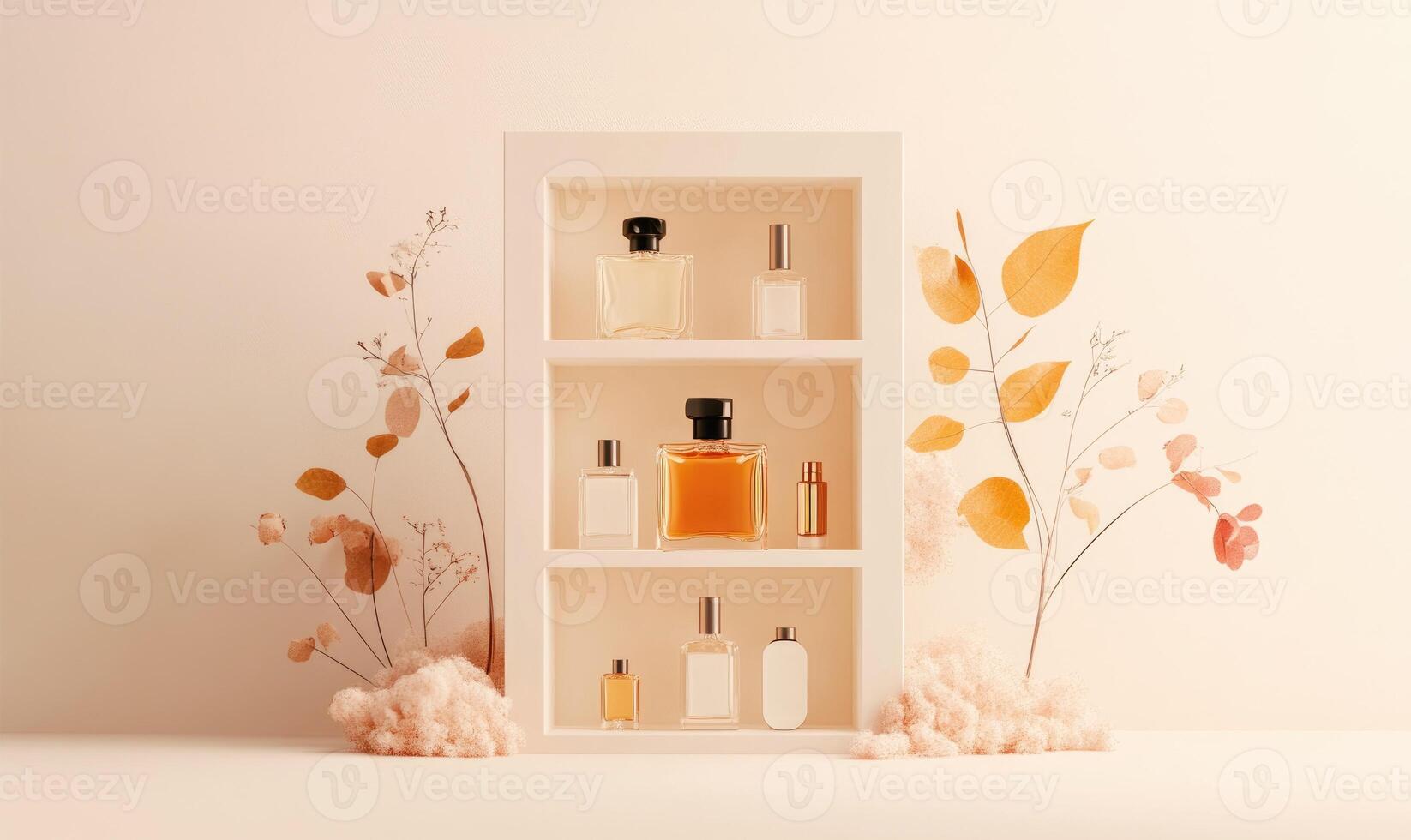 A shelf with many bottles of perfume photo
