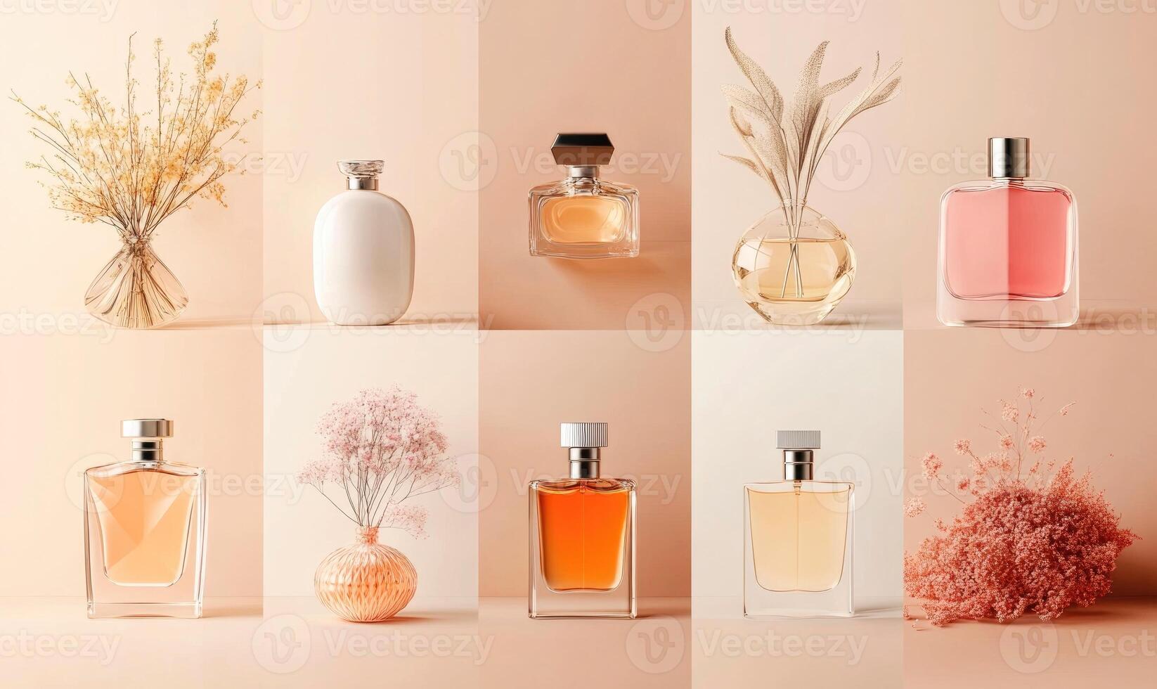 A row of perfume bottles are shown in a collage photo