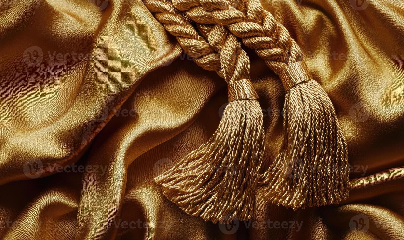 Two golden tassels are on a gold fabric photo