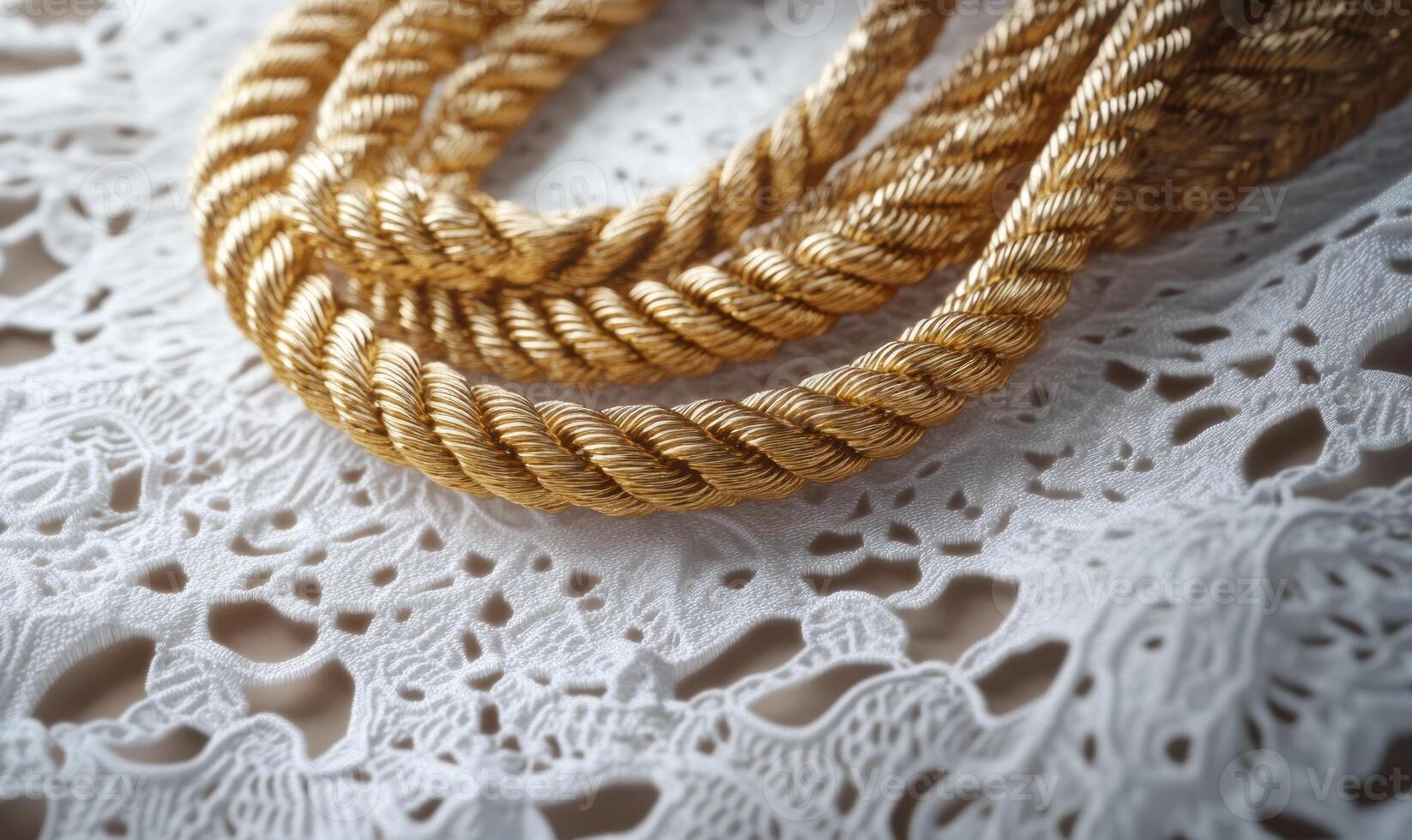 A gold colored rope is laying on a white lace photo