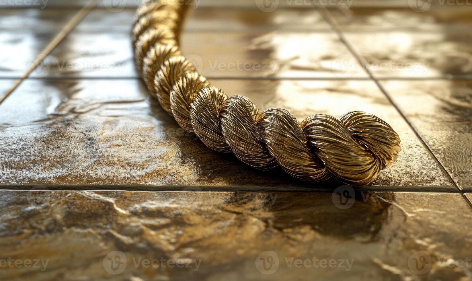 A gold colored rope is laying on a tile floor photo