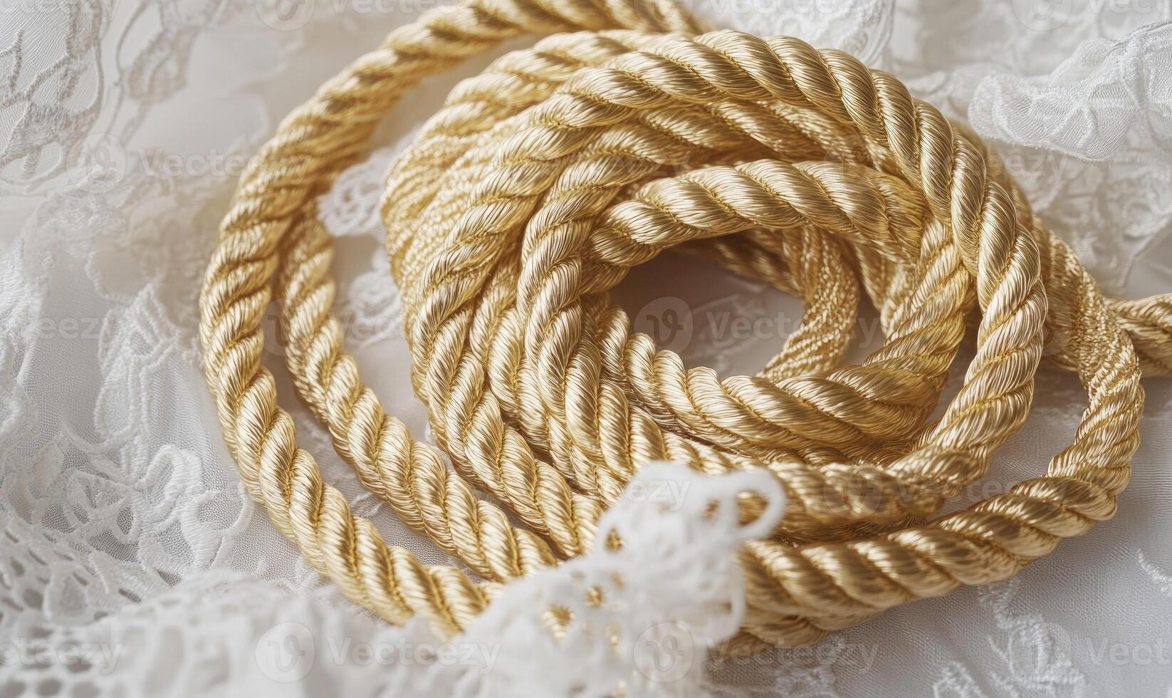 A gold rope is laying on a white cloth photo