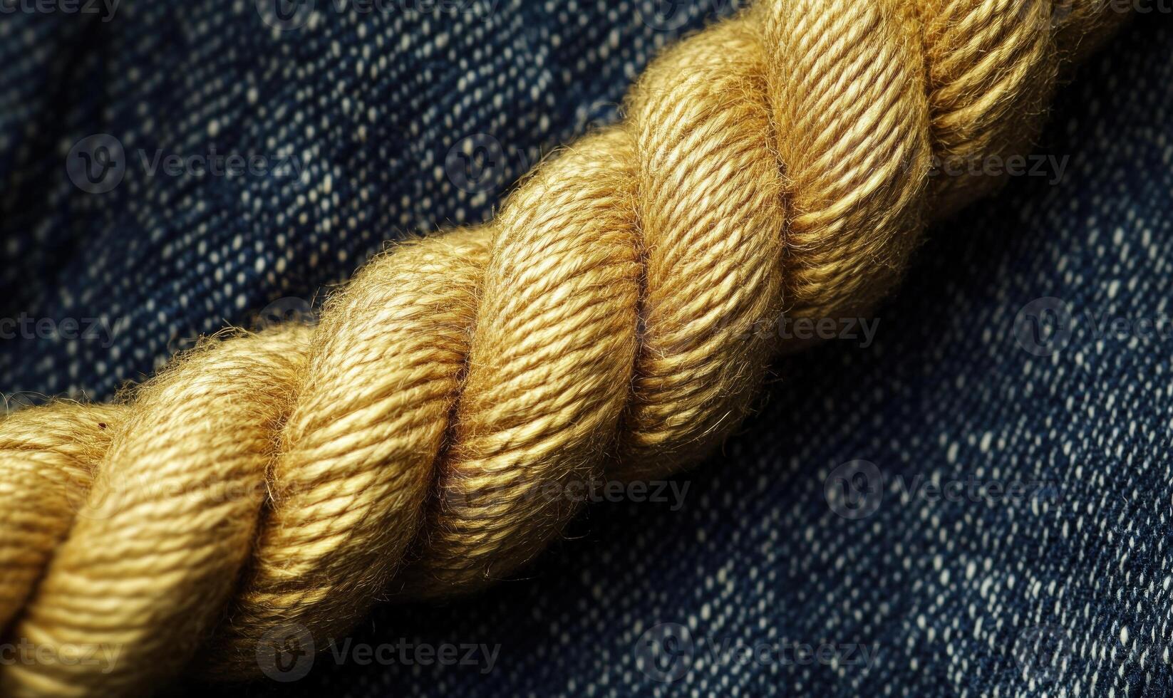 A yellow rope is wrapped around a blue denim fabric photo
