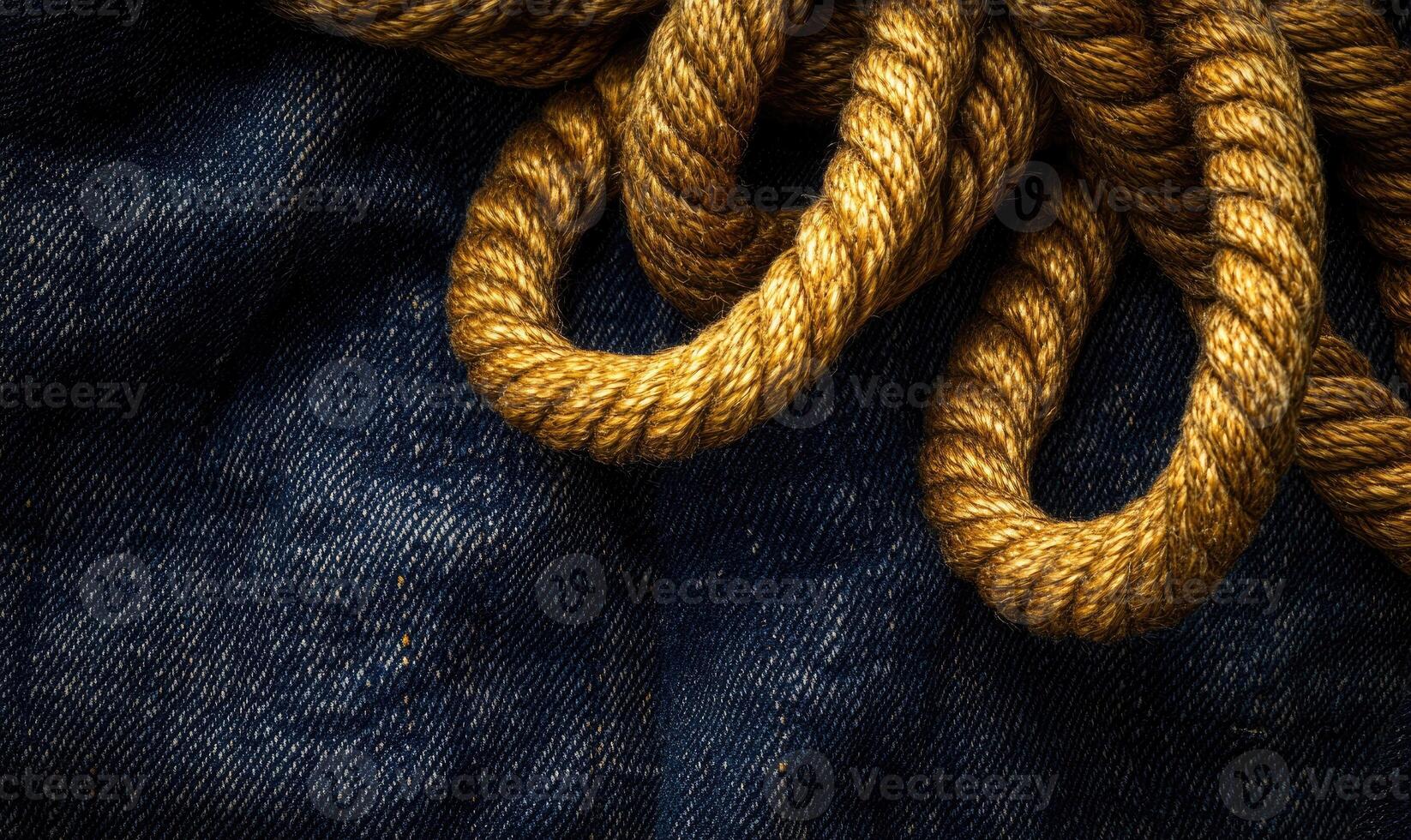 A rope is wrapped around a blue denim fabric photo
