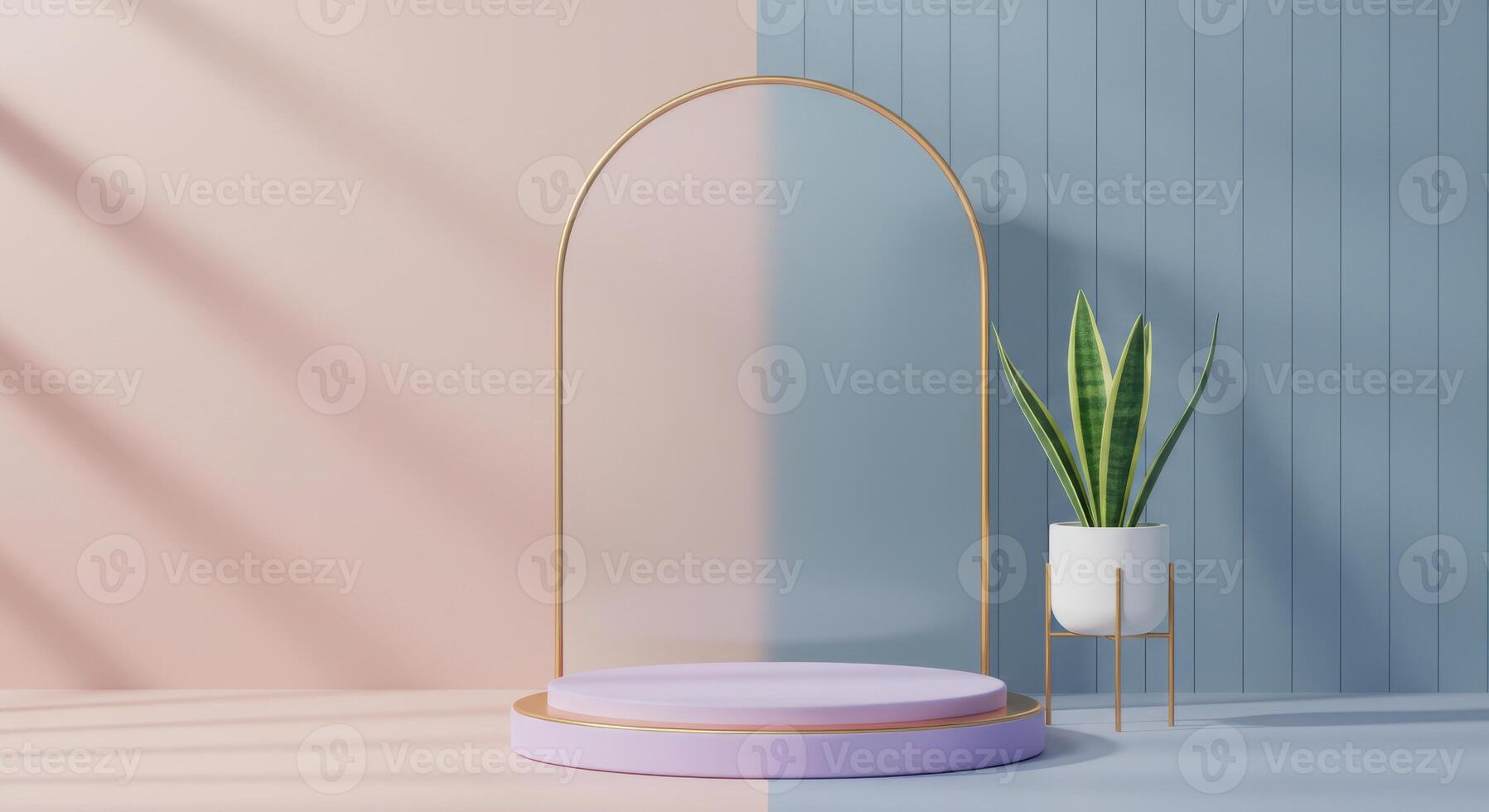 A mirror and a plant in front of a wall photo