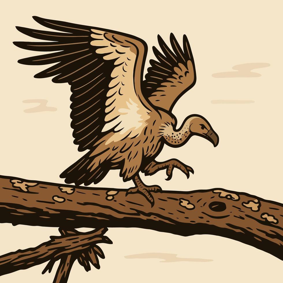 Vulture Landing on Branch Illustration with Detailed Wing Feathers vector