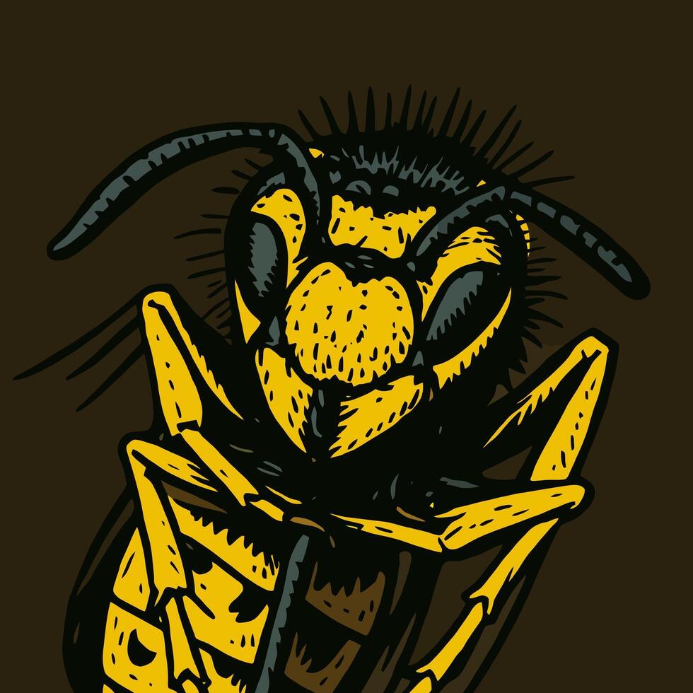 Detailed Wasp Illustration in Yellow and Black Against Brown Background vector