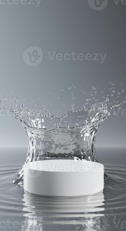 White cylinder podium with a dynamic water splash against a neutral background photo