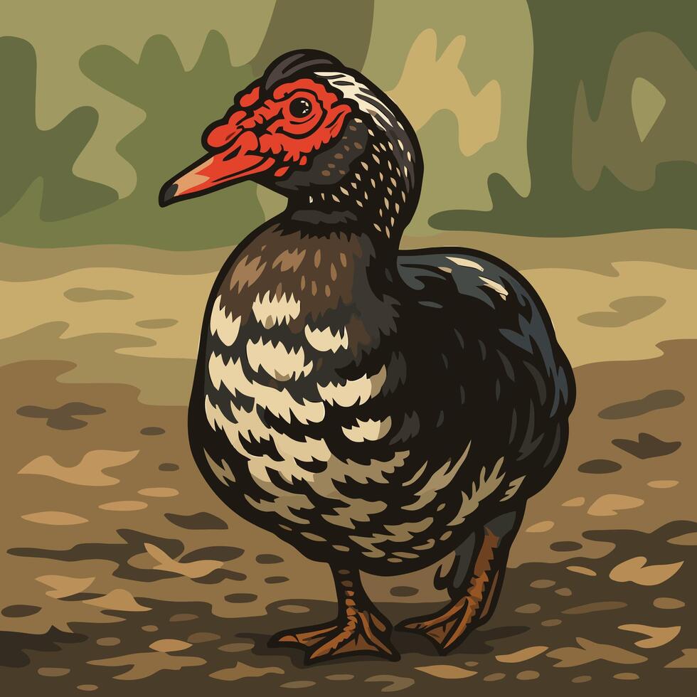 Standing Duck Illustration in Forest Setting with Bold Color Palette vector