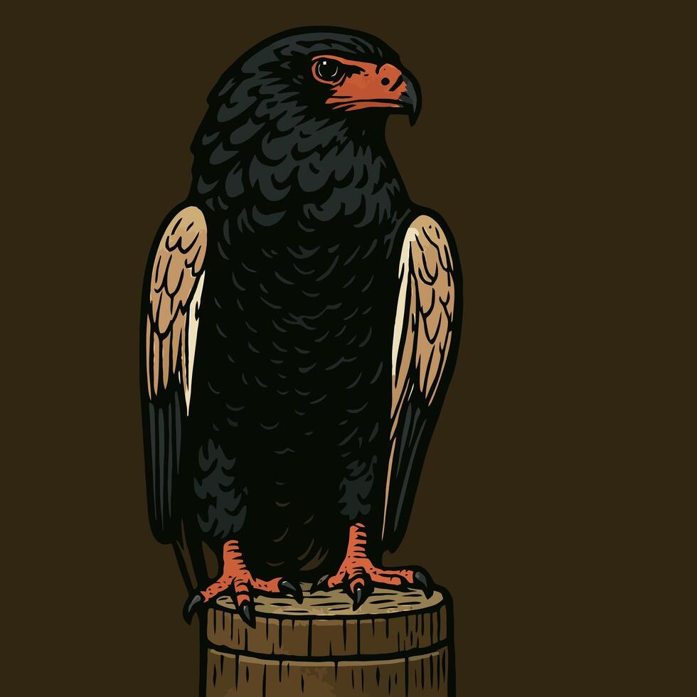 Perched Eagle Cartoon Illustration with Dark Plumage and Orange Accents vector