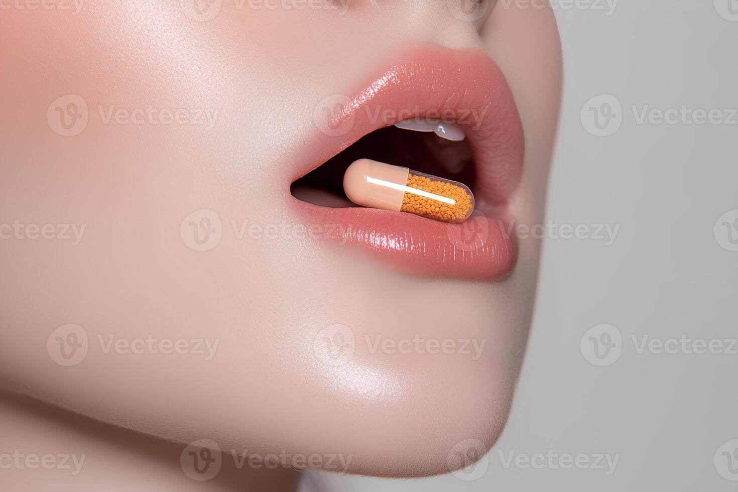 A close-up shot highlighting flawless female lips with a medicine capsule placed on them, showcasing perfect makeup and intricate details photo
