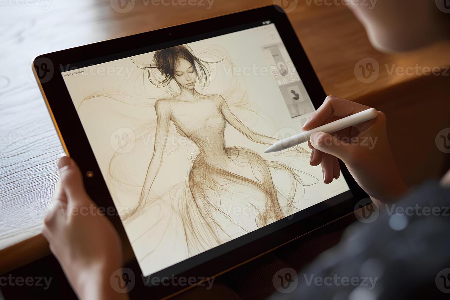 A close-up shot of a woman's hand holding a digital tablet, displaying a drawing of a female body, showcasing the intersection of art and technology photo