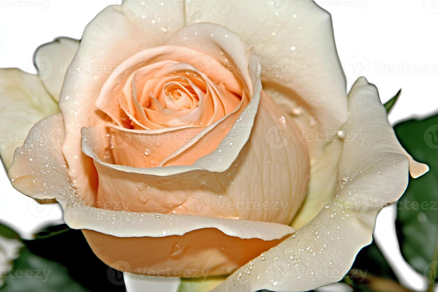 A delicate close-up shot of a white rose, with crystal-clear water droplets resting on its soft petals, highlighting the elegance and freshness of the flower photo