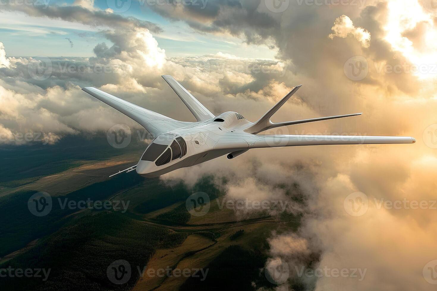 Luxury private jet soaring above the clouds at sunset, aerial view of business aviation photo