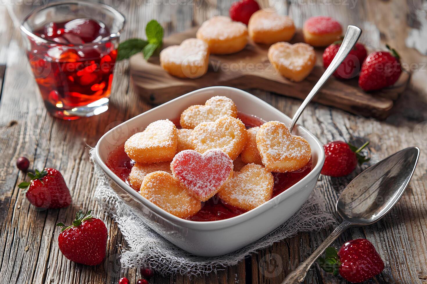 Delicious heart-shaped cookies filled with jam and topped with fresh berries, beautifully arranged on a rustic wooden table photo