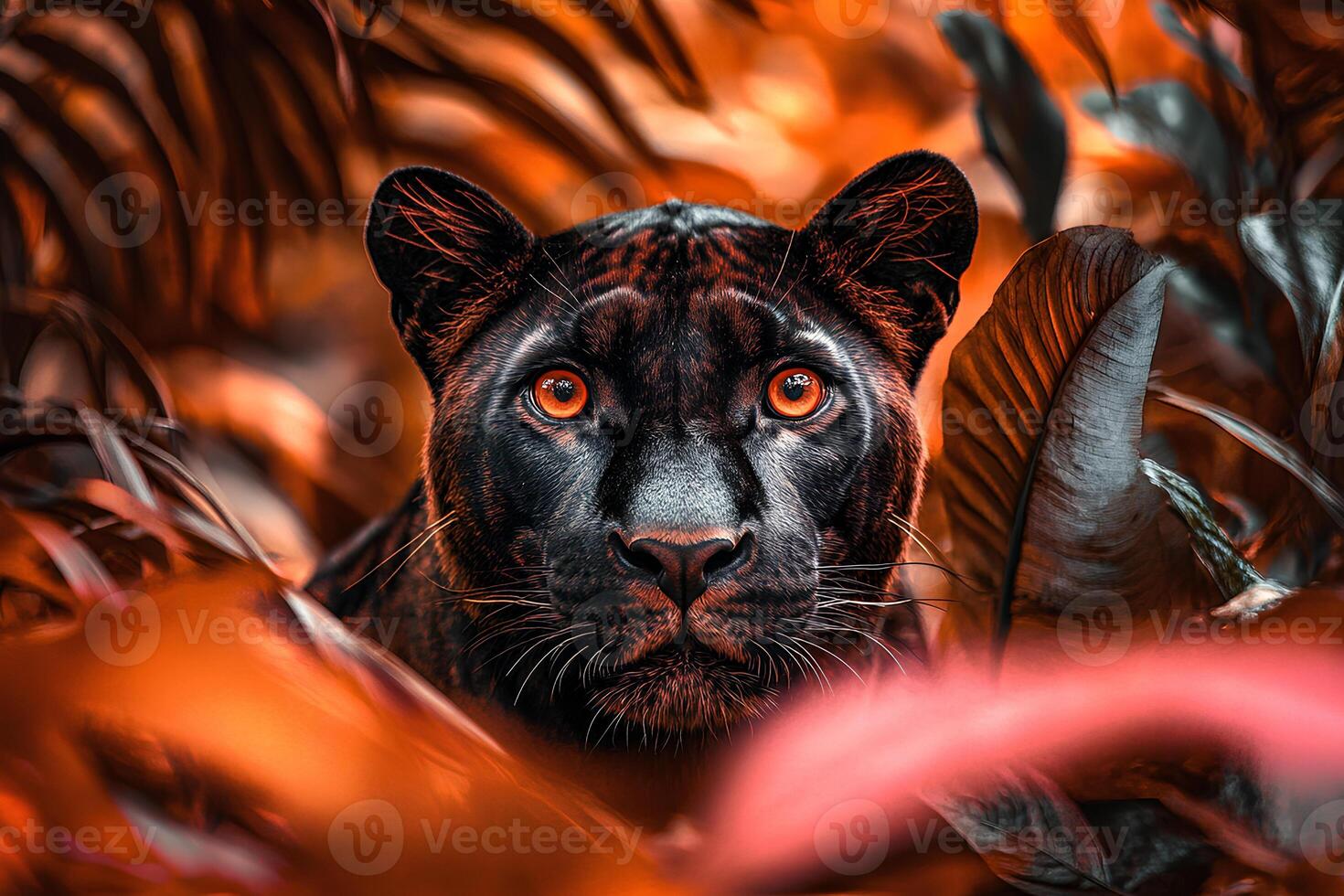 A striking image of a black panther with glowing red eyes prowling through the dense forest, capturing the intense and mysterious atmosphere of the wild photo