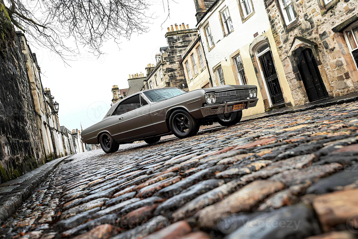 A charming shot of an old car parked on a street in Copenhagen, Denmark, blending classic design with the city's unique architectural backdrop photo