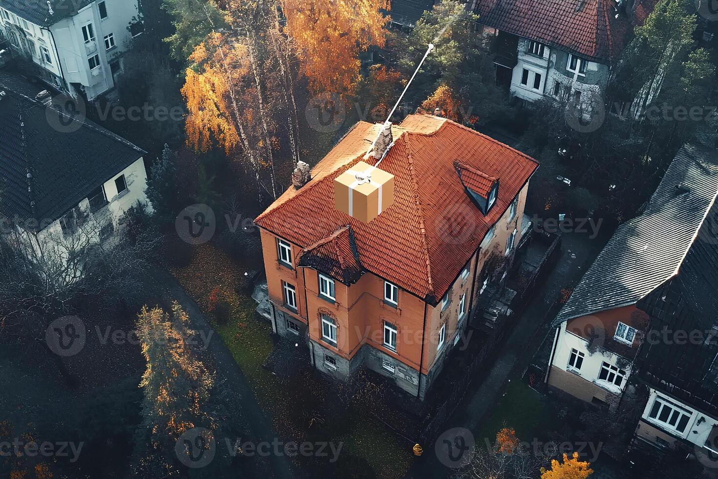 A captivating aerial view of a charming old European city, featuring red brick houses and narrow streets, highlighting the architectural beauty and historical essence of the area photo