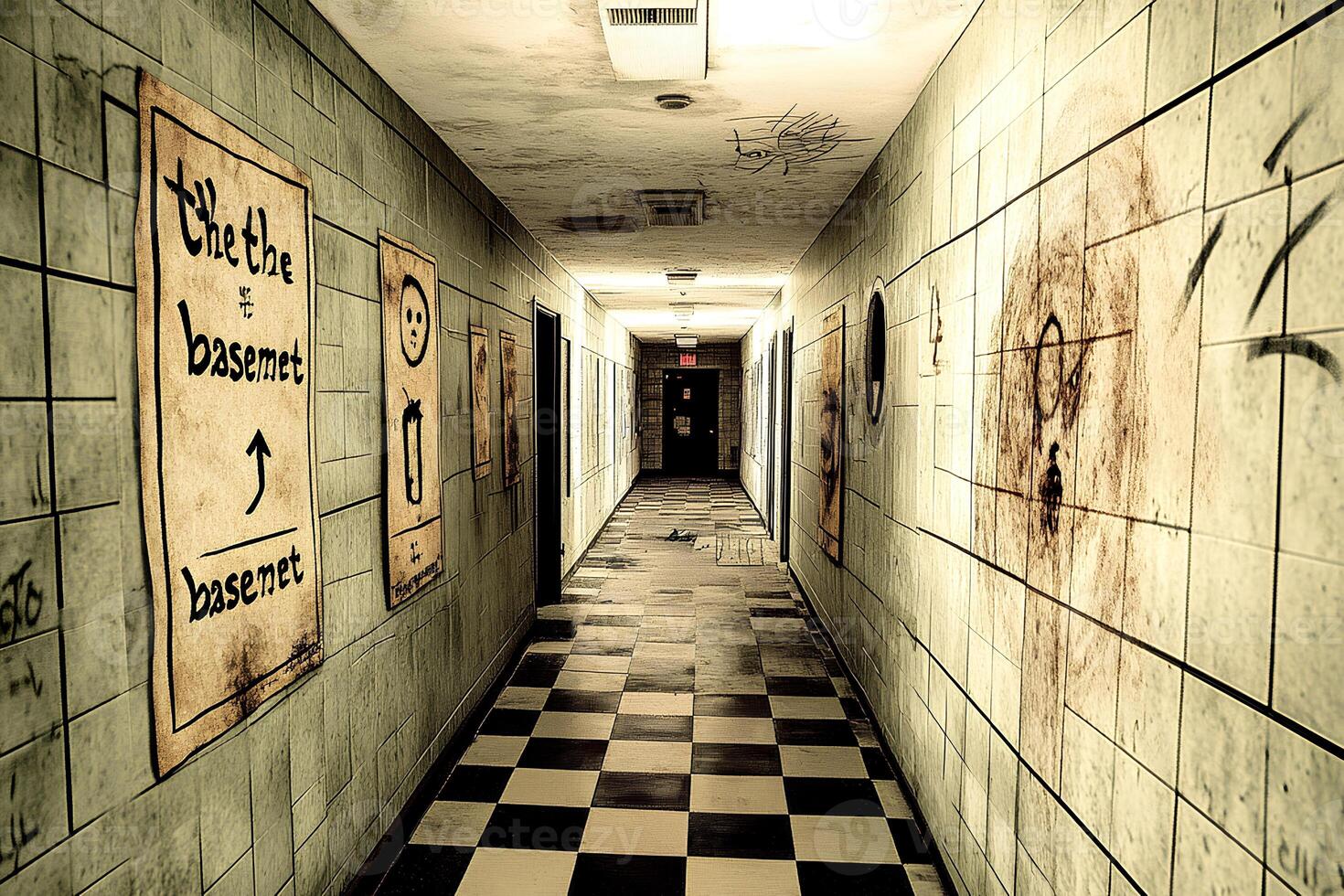 An eerie and atmospheric shot of an abandoned hospital corridor, featuring peeling walls and graffiti, creating a sense of decay and urban exploration photo