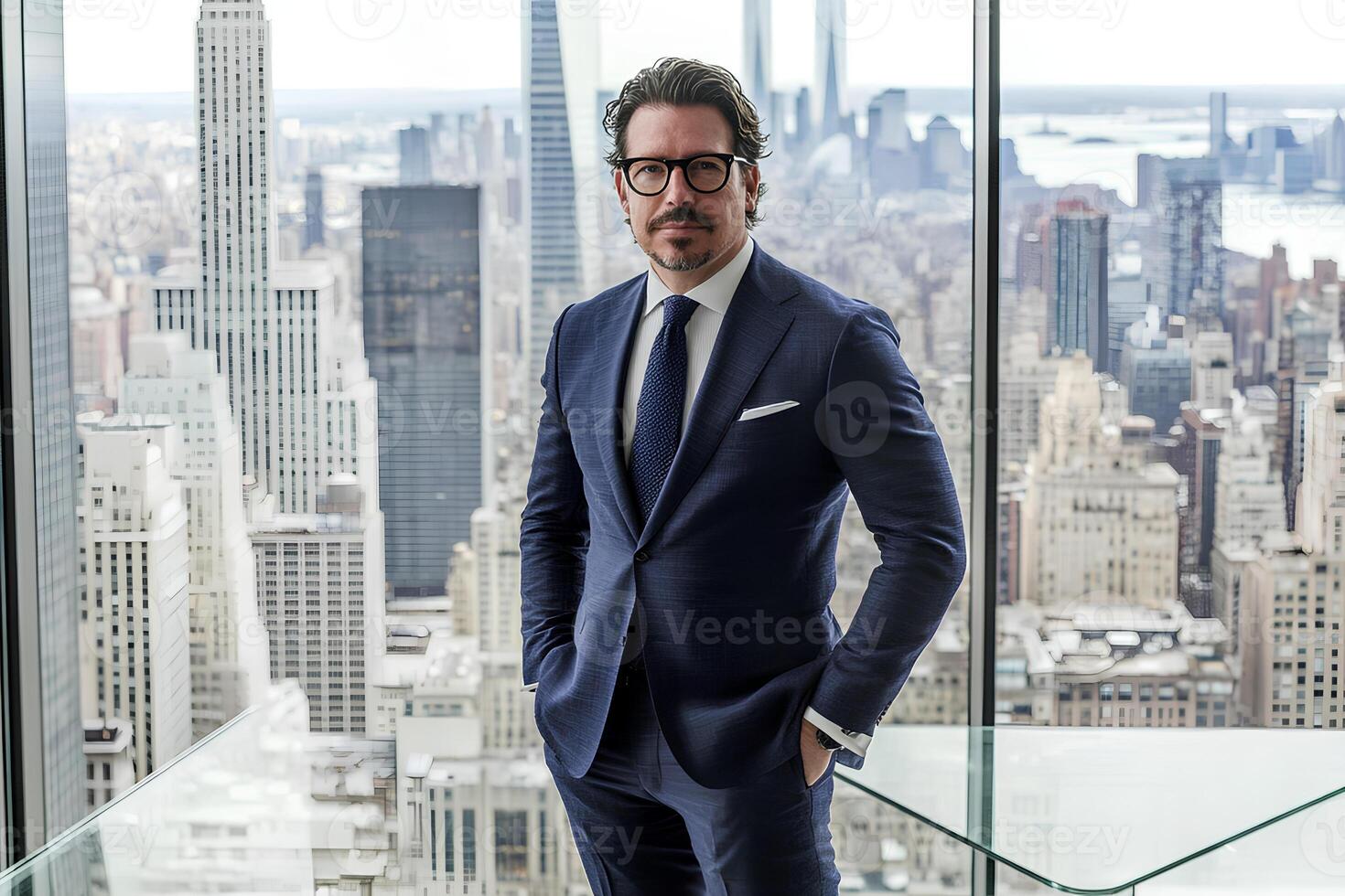 Stylish portrait of a handsome businessman dressed in a blue suit and glasses, radiating confidence and professionalism photo