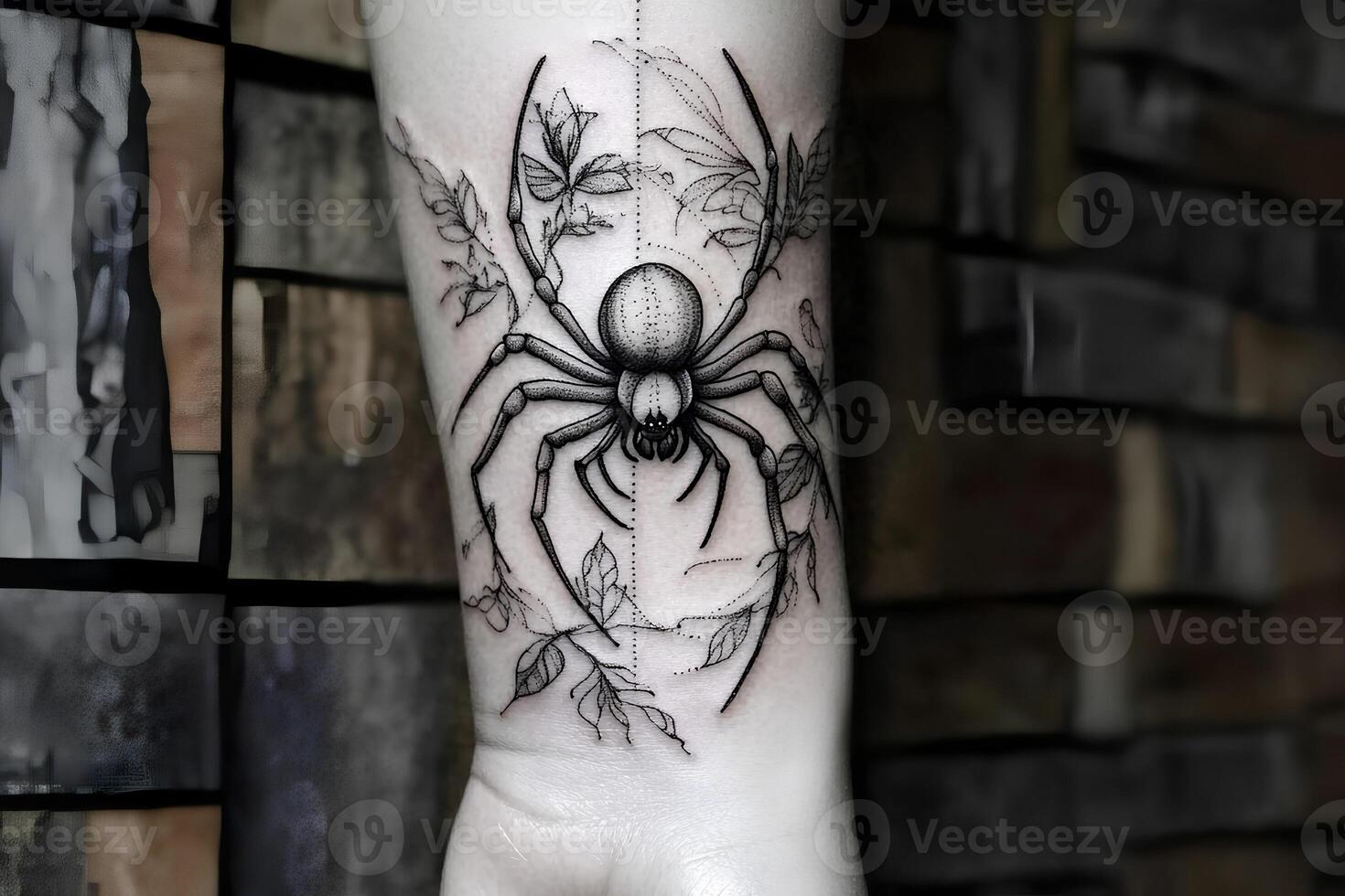 Detailed tattoo art featuring a spider on the body of a girl, showcasing intricate designs and dark elegance photo