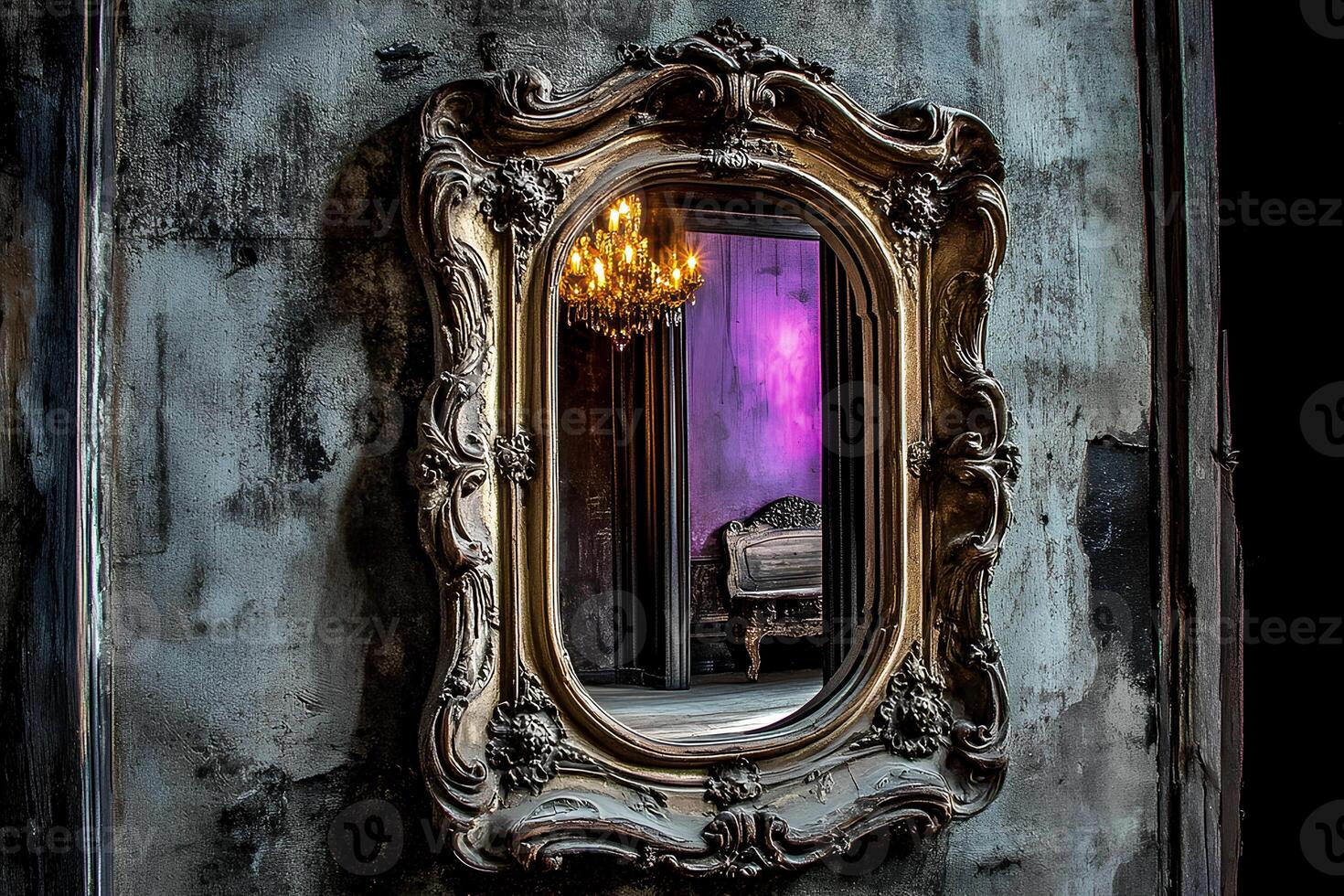 A nostalgic vintage photo showcasing an antique mirror placed in a beautifully designed room, evoking a sense of timeless elegance
