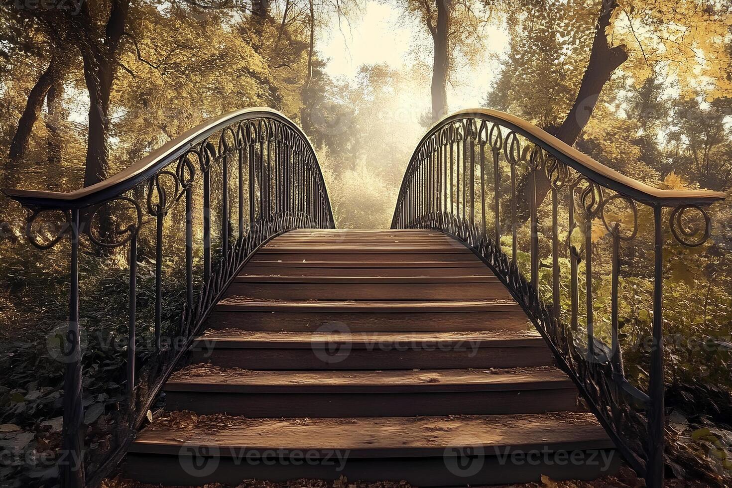 Charming wooden bridge crossing a stream in a vibrant autumn forest with colorful fall foliage photo