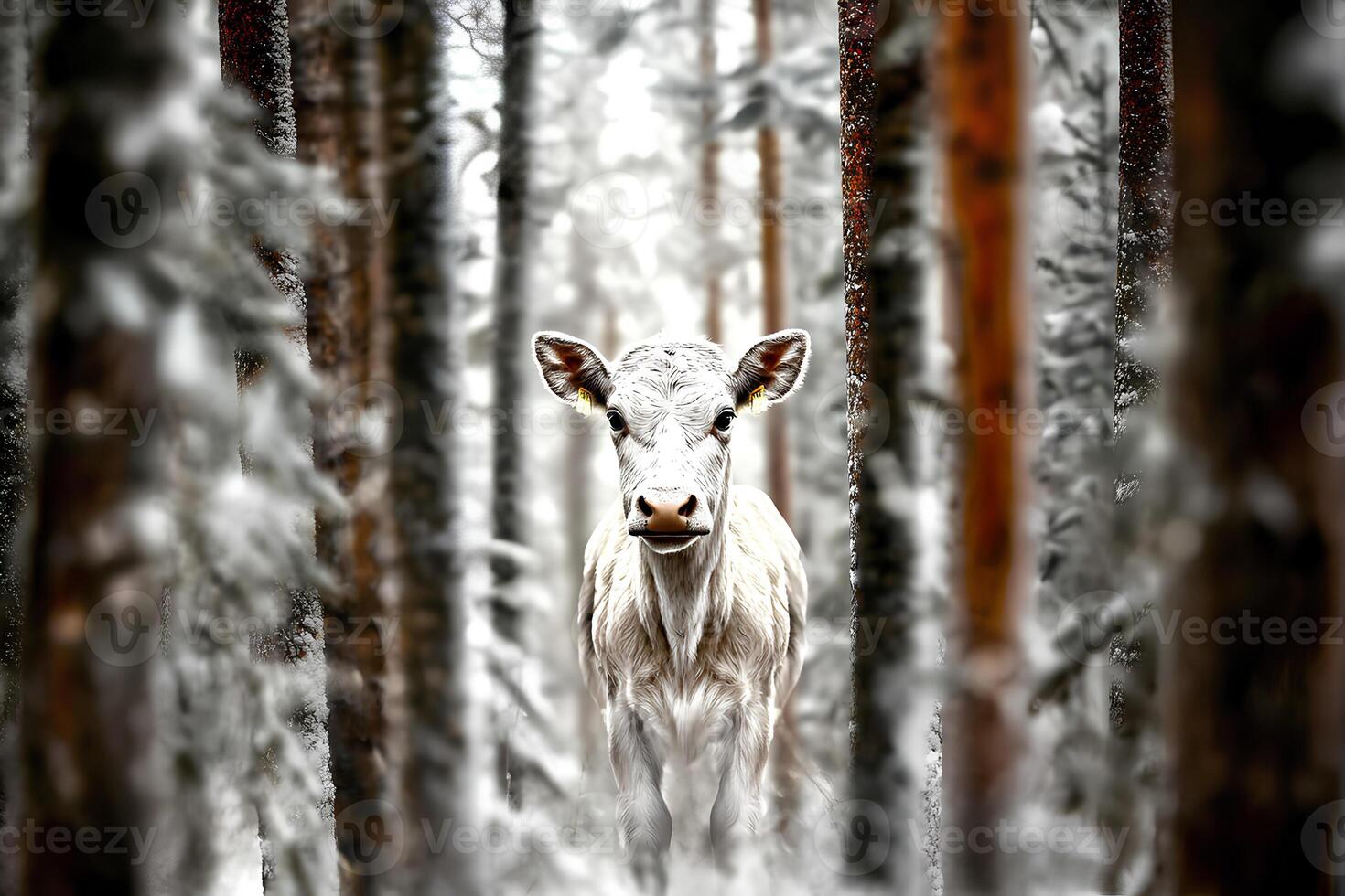 White deer with a funny expression standing in a snowy winter forest surrounded by tall trees photo