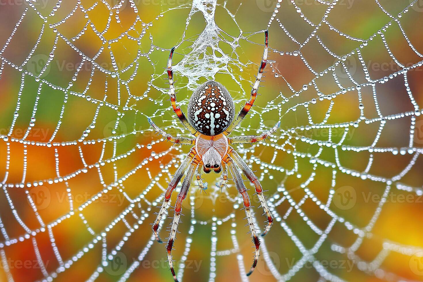 A spider delicately resting on its web adorned with dew drops, set against the backdrop of an autumn forest photo