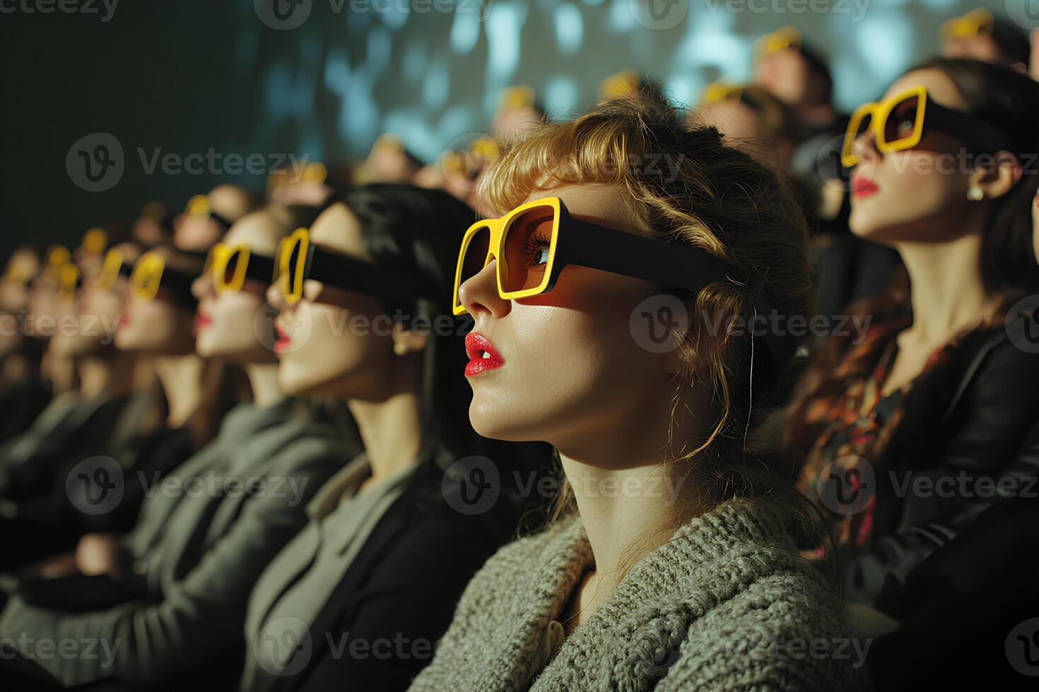 Stylish group of women wearing sunglasses, posing at a fashion show held in a cinema, exuding elegance and confidence photo