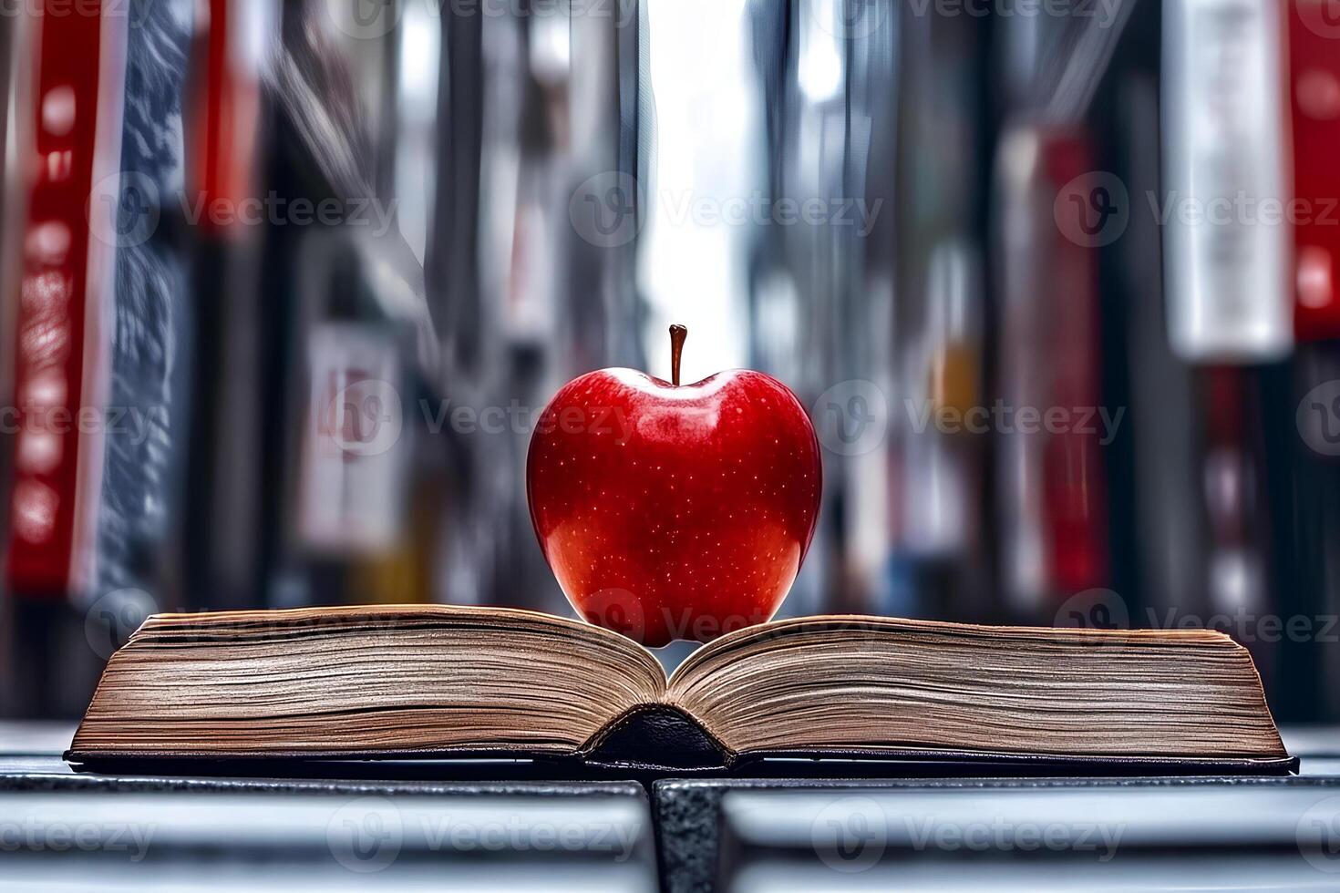 An open book with a red apple placed on the table, surrounded by bookshelves in a library, symbolizing education and learning photo