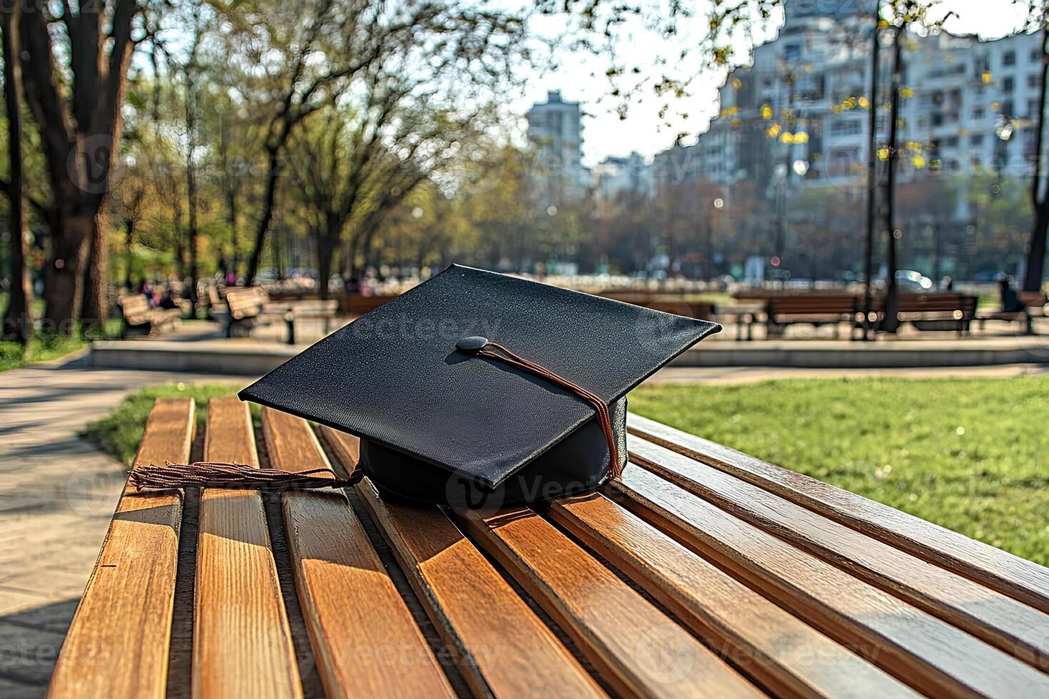 A graduation cap placed on a wooden bench in a peaceful park setting, symbolizing the completion of education and the beginning of new journeys photo