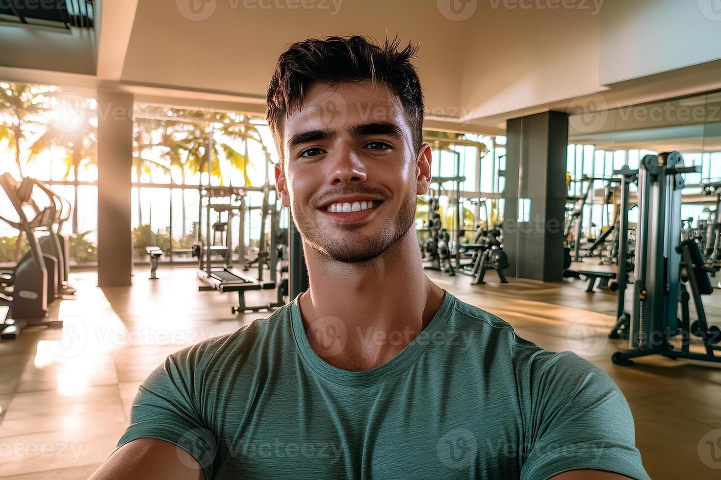 A smiling young man taking a selfie with his smartphone while enjoying his morning workout in the fitness center, capturing a moment of positivity and energy photo