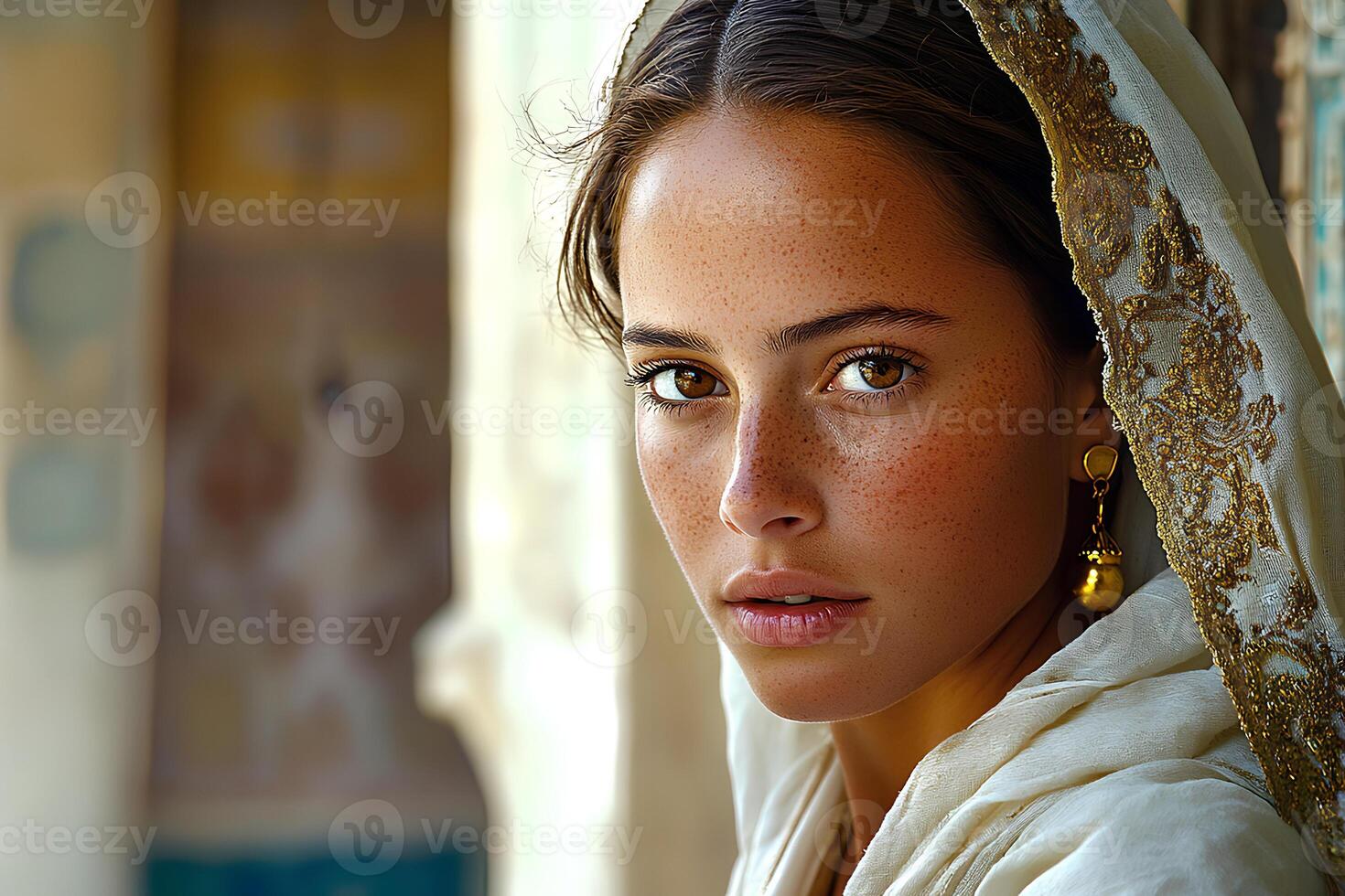 stunning portrait of a young woman with captivating brown eyes and silky brown hair, showcasing her natural beauty and graceful expression in a close-up shot photo