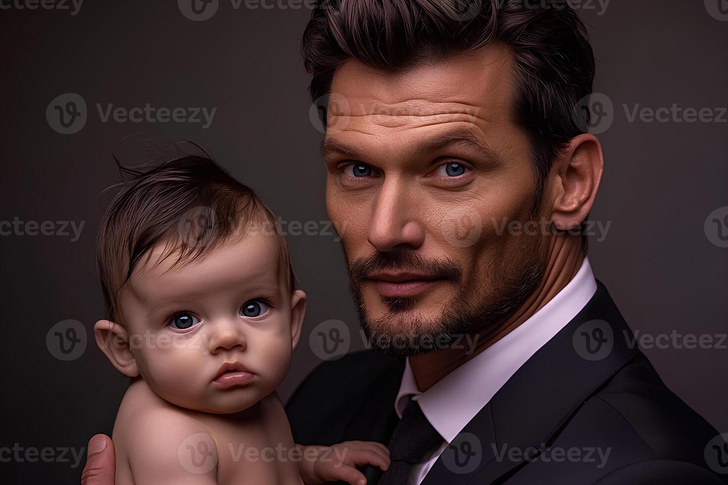 A heartfelt portrait ofPortrait of a handsome young man with his little daughter on a dark background photo
