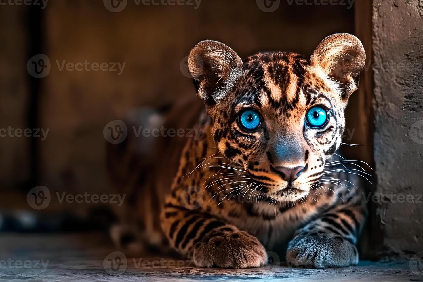 A charming leopard with striking blue eyes, sitting gracefully on the floor in a cozy house setting, blending the wild beauty of the animal with the comfort of indoor surroundings photo