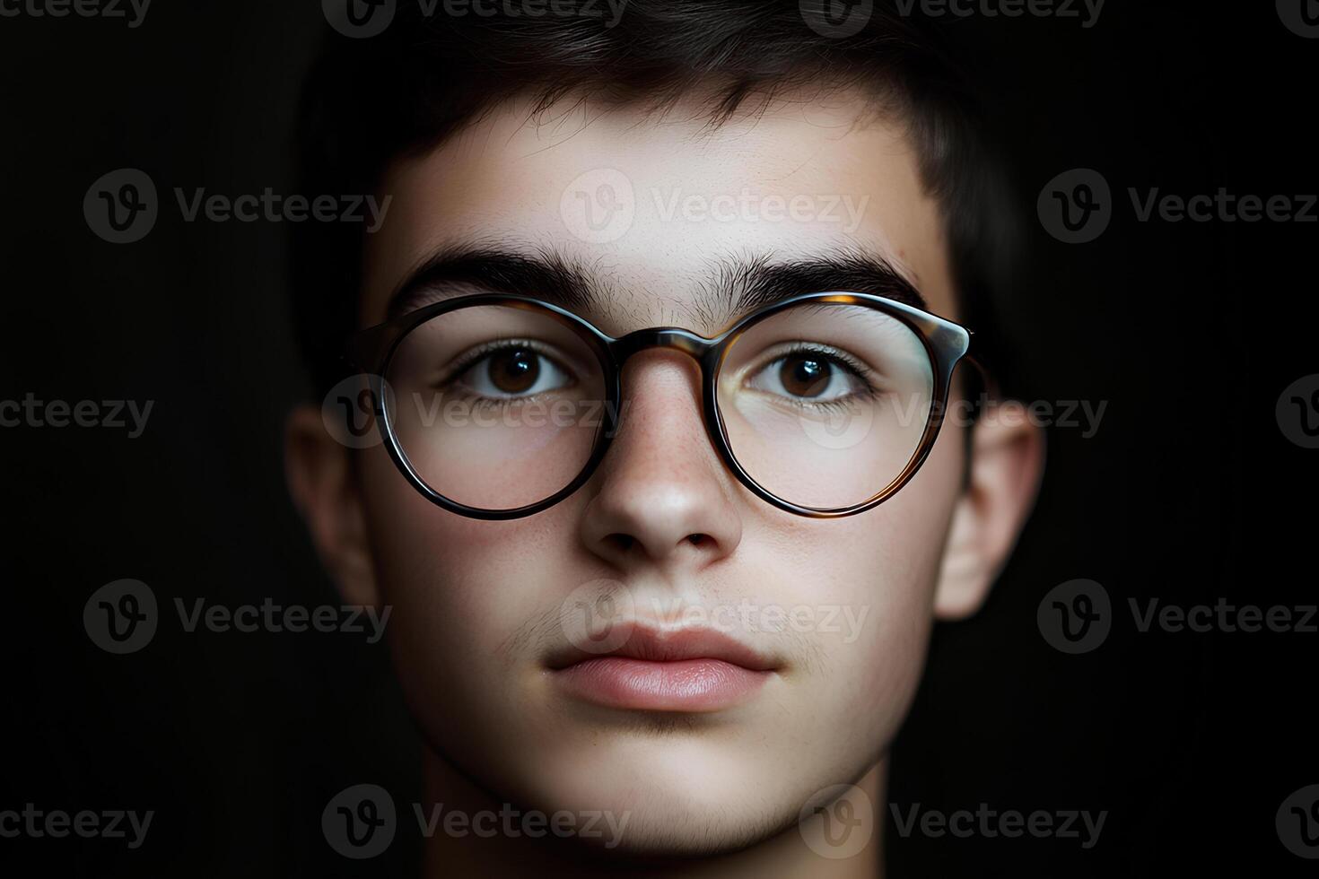 A striking portrait of a handsome young man wearing glasses, with a moody dark background highlighting his features photo
